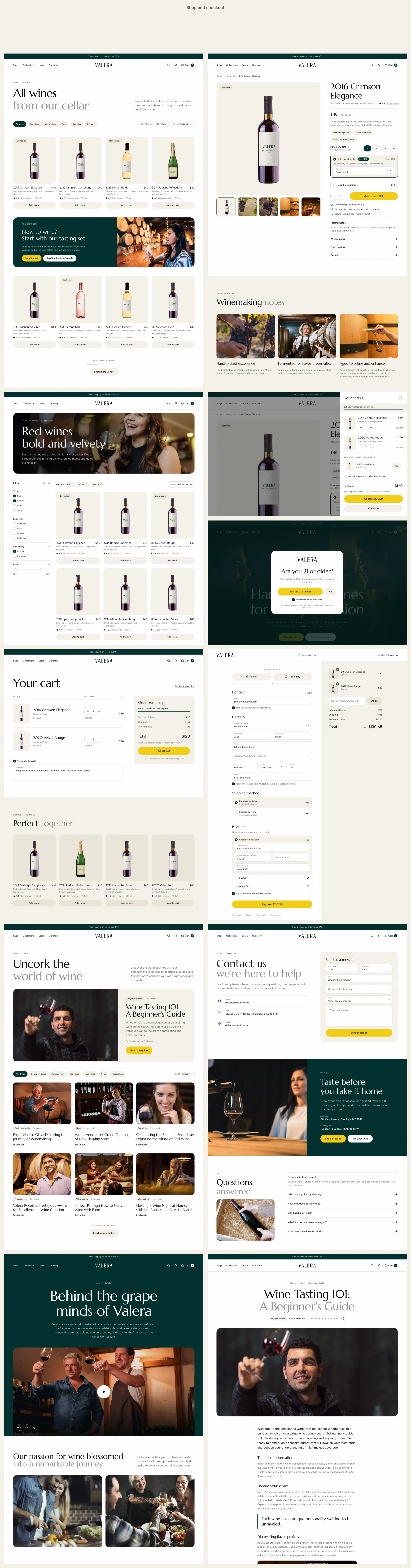 Valera inner pages, with all wines, a product page, red wines, the side cart and the age gate, the cart, checkout, the Learn hub, contact, our story and a beginner's guide