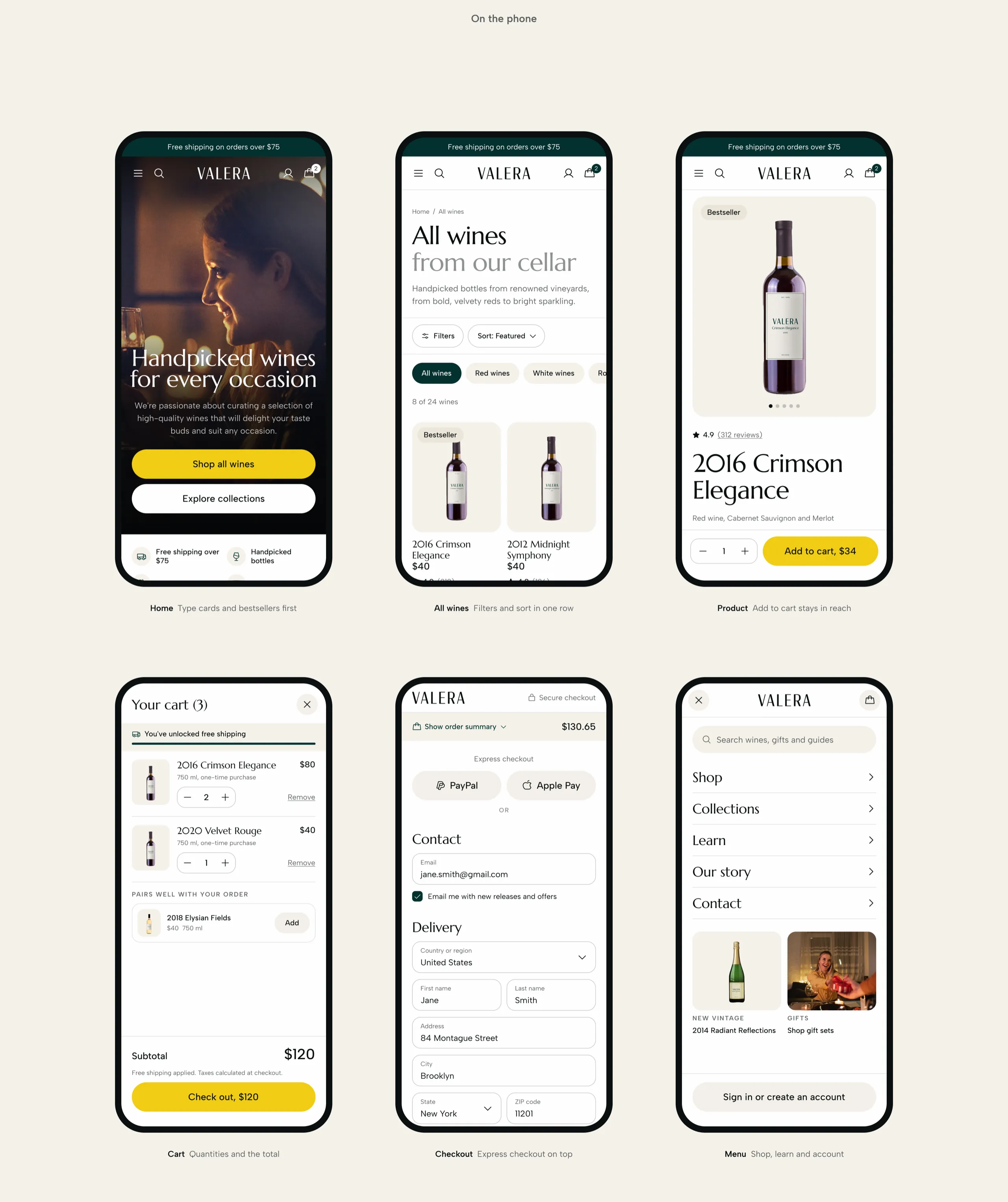 Valera on the phone, with the home hero, all wines, a product page, the cart, checkout and the menu
